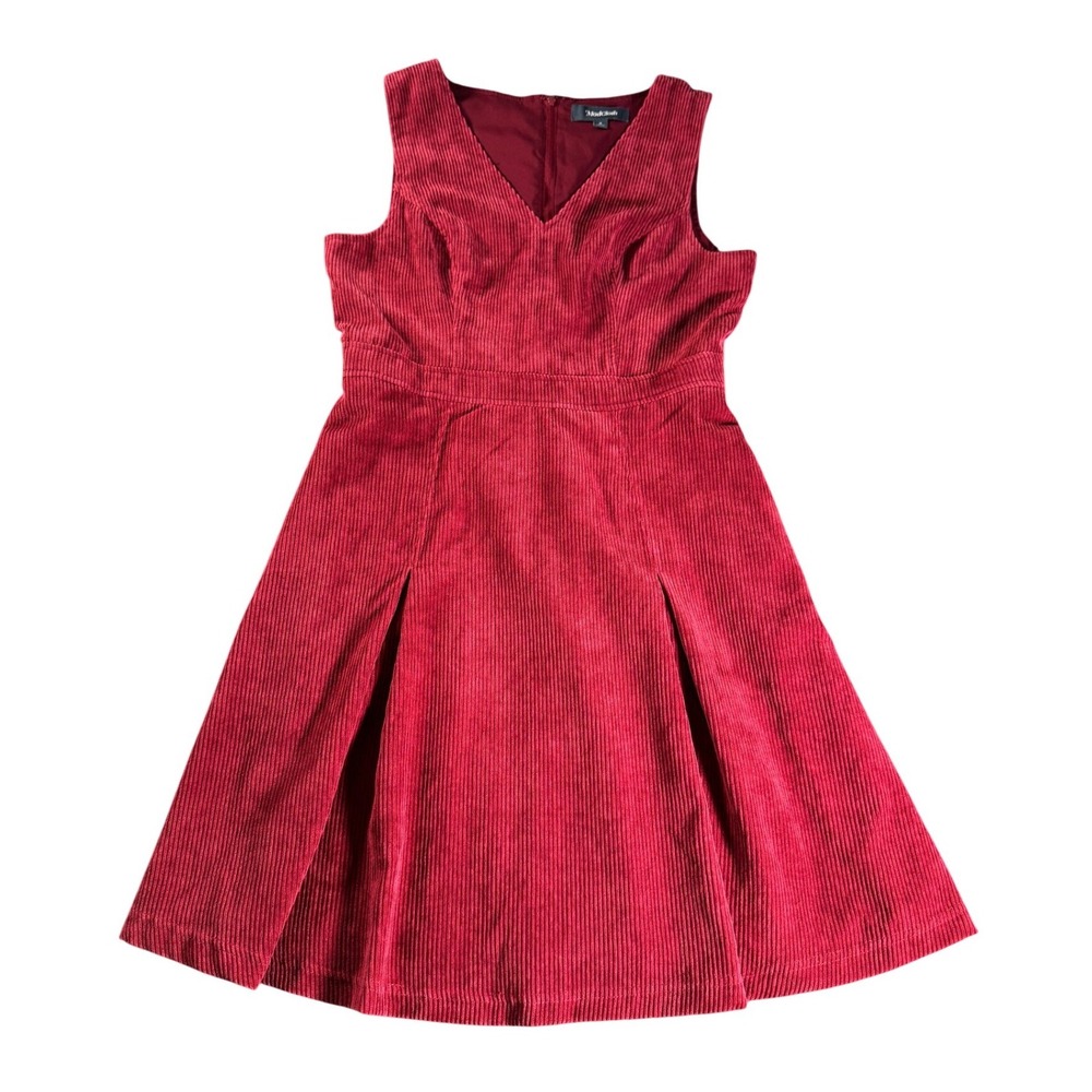 ModCloth Burgundy Red Corduroy Sleeveless Pleated Fit and Flare Dress Pockets 8